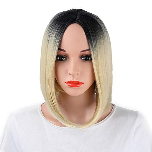 BARSDAR 14" Girl’s Short Ombre Bob Hair Wigs Straight Synthetic Colorful Halloween Cosplay Daily Party Wig for Women Natural Looking Heat Resistant As Real Hair-Black to Blonde